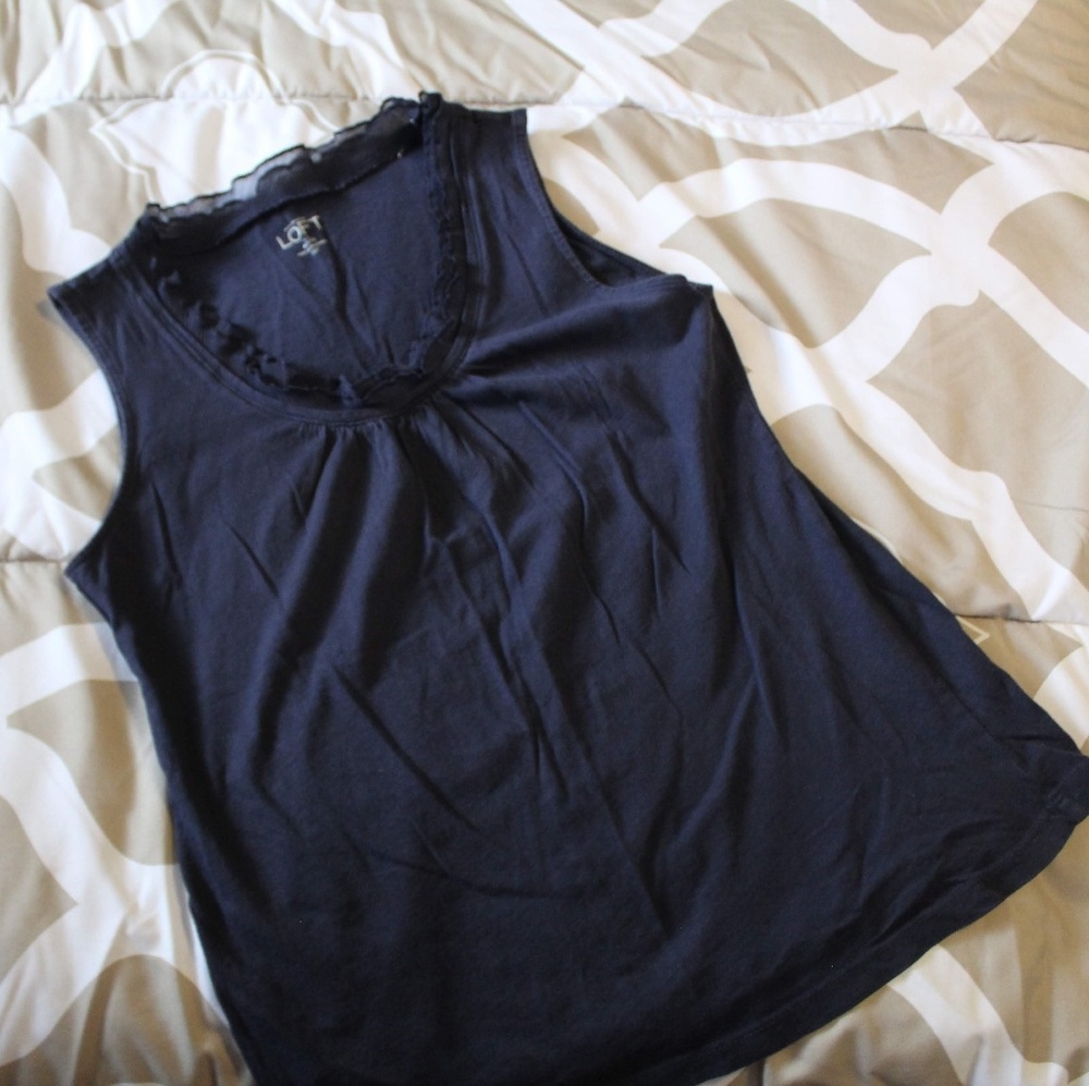 Loft navy ruffled, sleeveless shirt